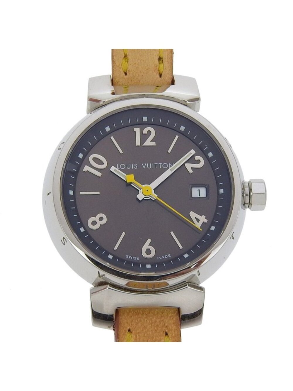Louis Vuitton Tambour Stainless Steel Leather Quartz Analog Display Brown Dial